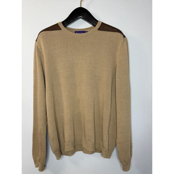 Ralph Lauren Purple Label Sweater Cotton Leather Shoulder Patches Tan Men's XL - Picture 7 of 11